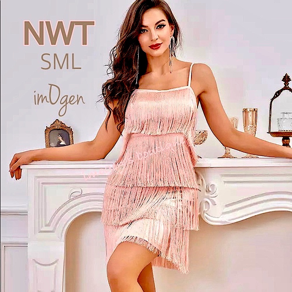 NWT SML pale pink silky tassel fringe deep V gatsby salsa various sizes imOgen